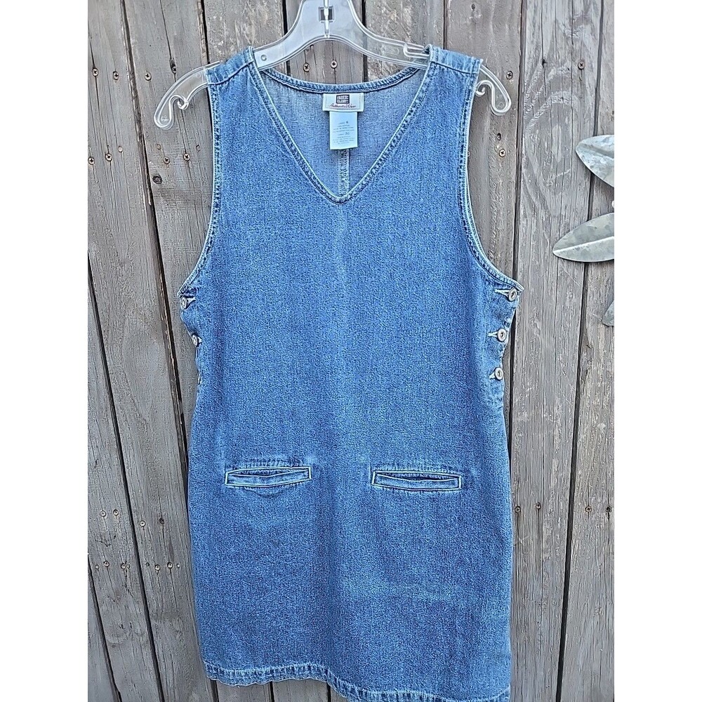 Vintage 90s Denim Jumper Dress Faded Glory Blue Sleeveless Pinafore Button Side